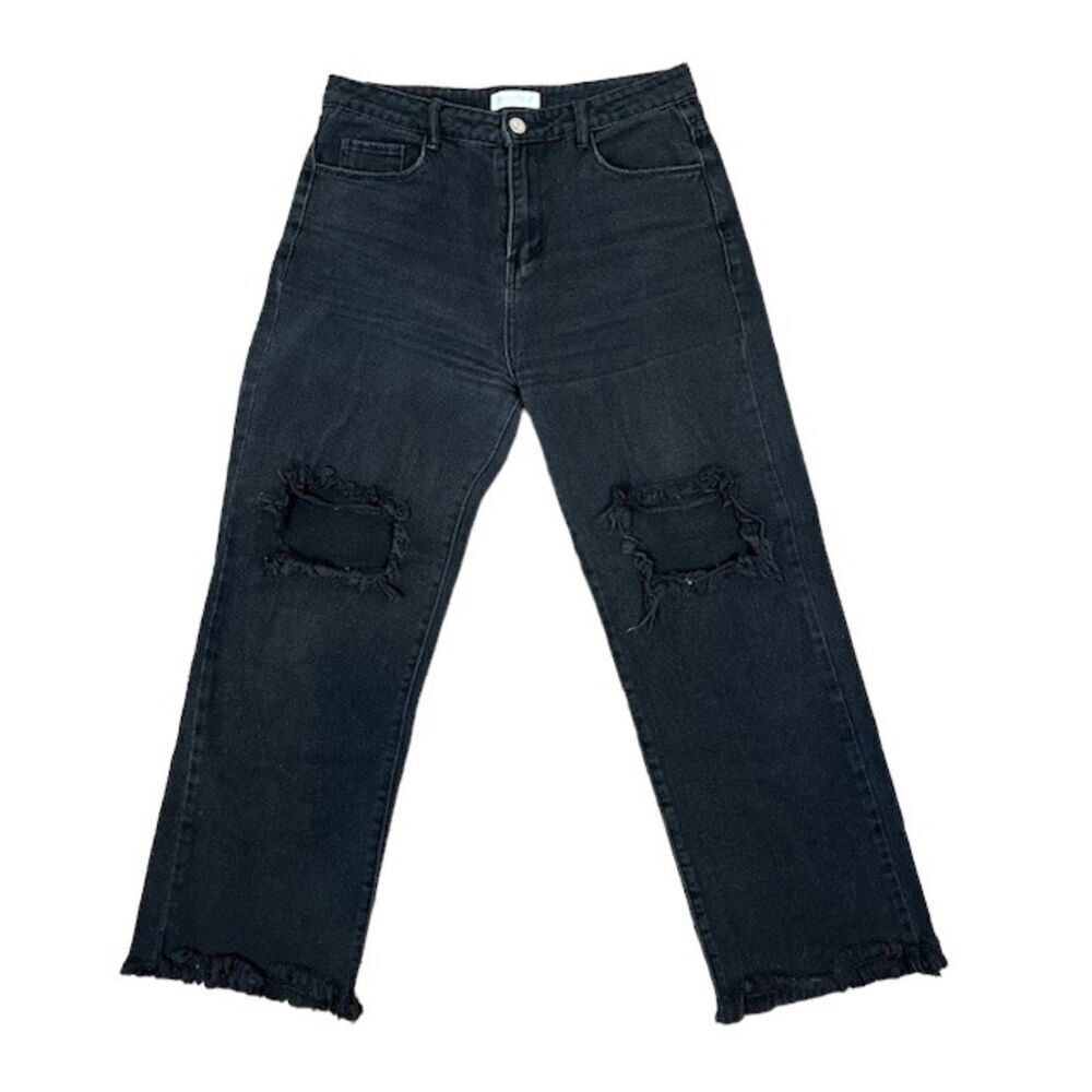 Vestique‎ Women's Distressed Cropped Straight Frayed Black Jeans Size Medium